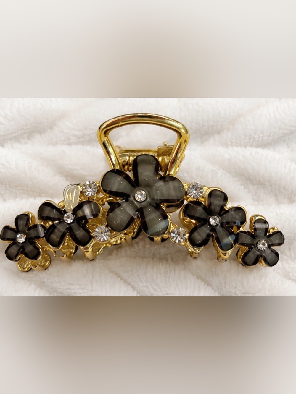 Gold Floral Hair Clip with Black Resin Flowers and Clear Crystals